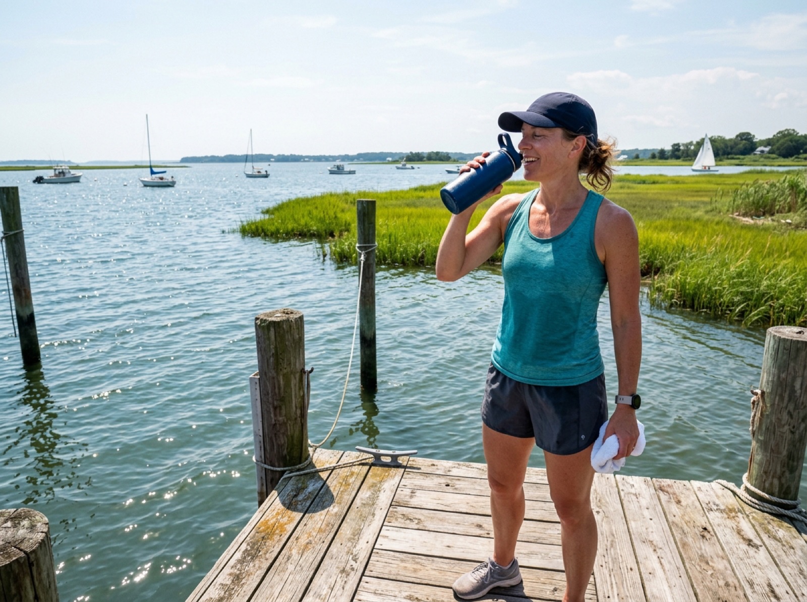 Woman drinking water on a dock on the Chesapeake Bay on a hot summer day Woman drinking water on a dock on the Chesapeake Bay on a hot summer day