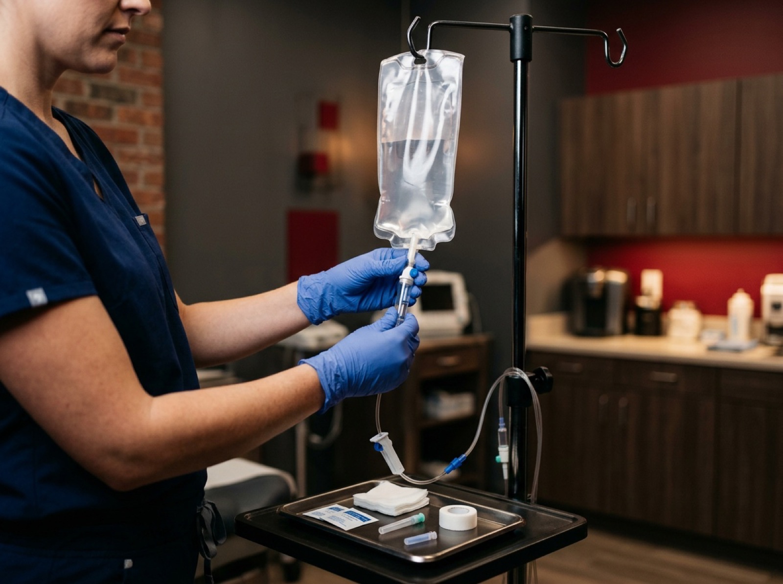 Provider in gloves connecting tubing to an IV fluid bag before a drip Provider in gloves connecting tubing to an IV fluid bag before a drip