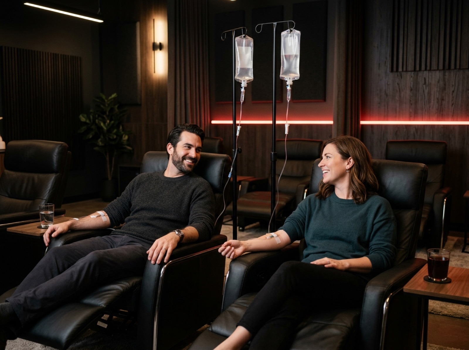 Two patients relaxing in recliners while receiving IV drips Two patients relaxing in recliners while receiving IV drips