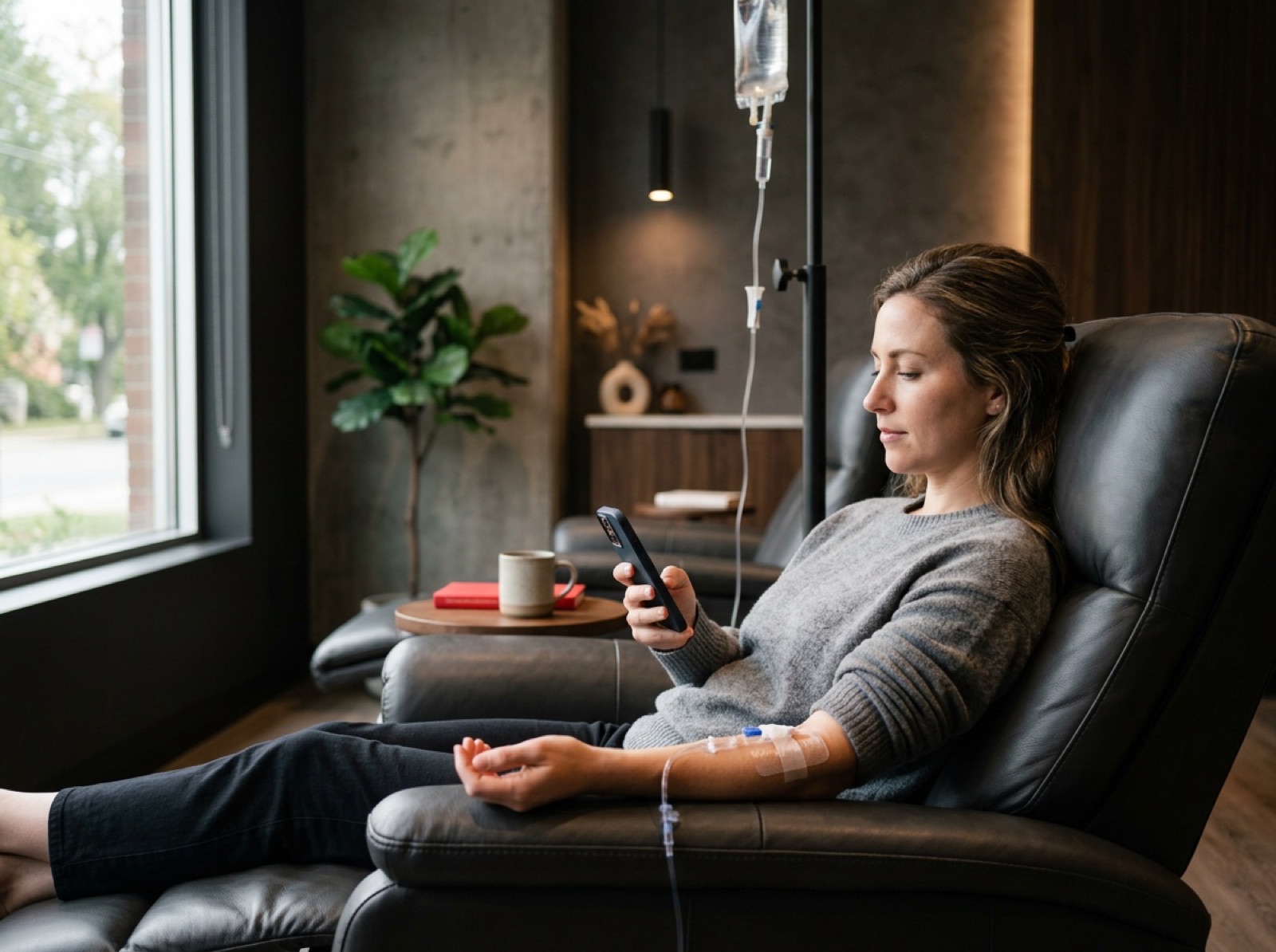 Woman reading on her phone while receiving an IV vitamin drip Woman reading on her phone while receiving an IV vitamin drip